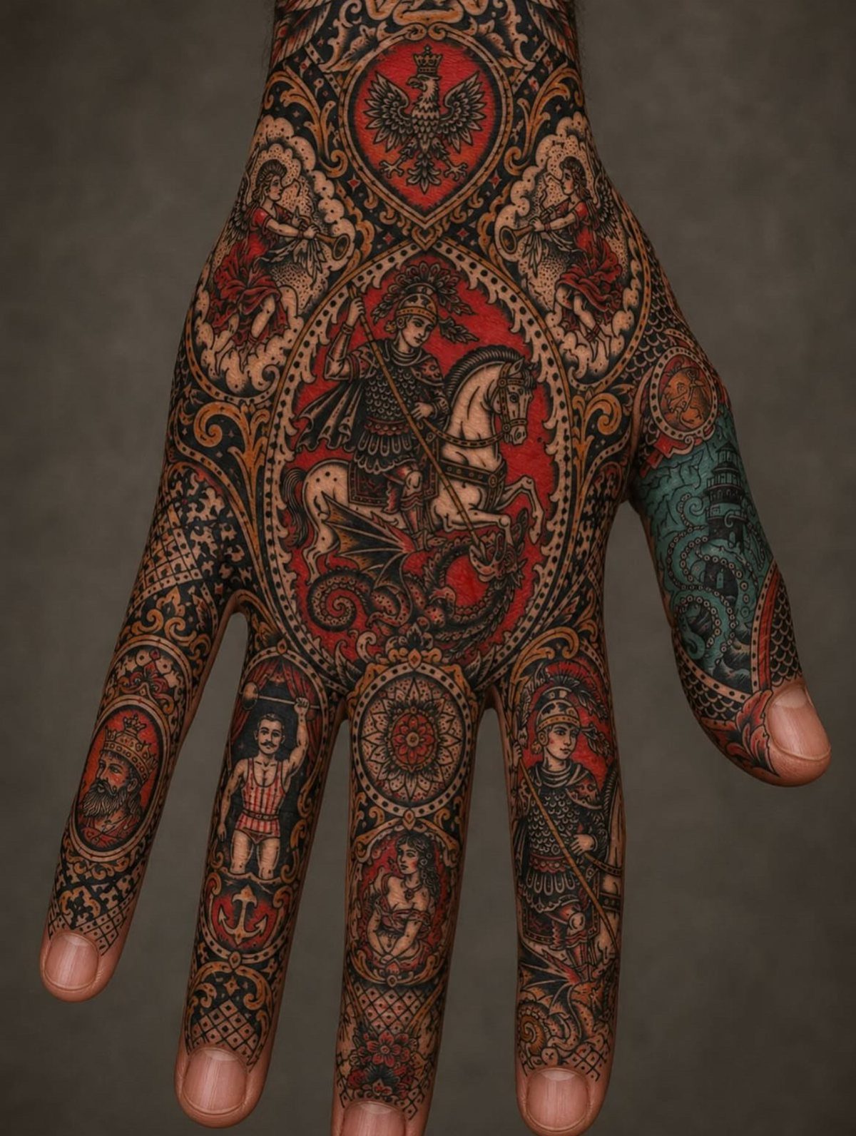 Tattooed hand featuring traditional style imagery including a knight and an eagle.