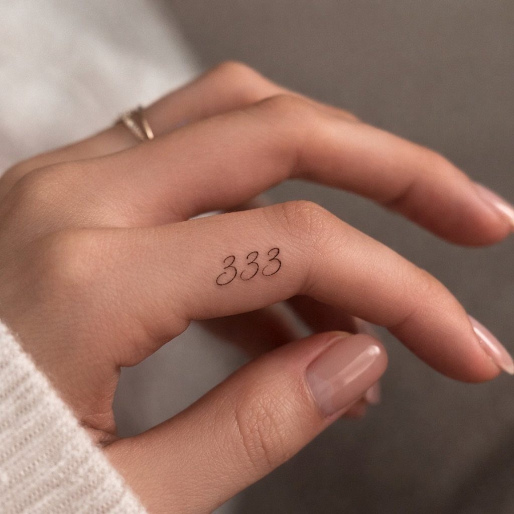 Small black tattoo of the number 333 on a person's ring finger