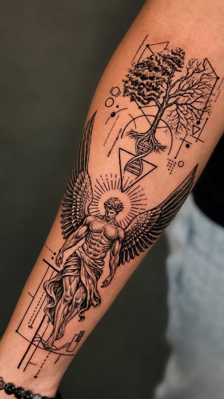Muscular winged angel tattoo on a forearm with a geometric tree above it.