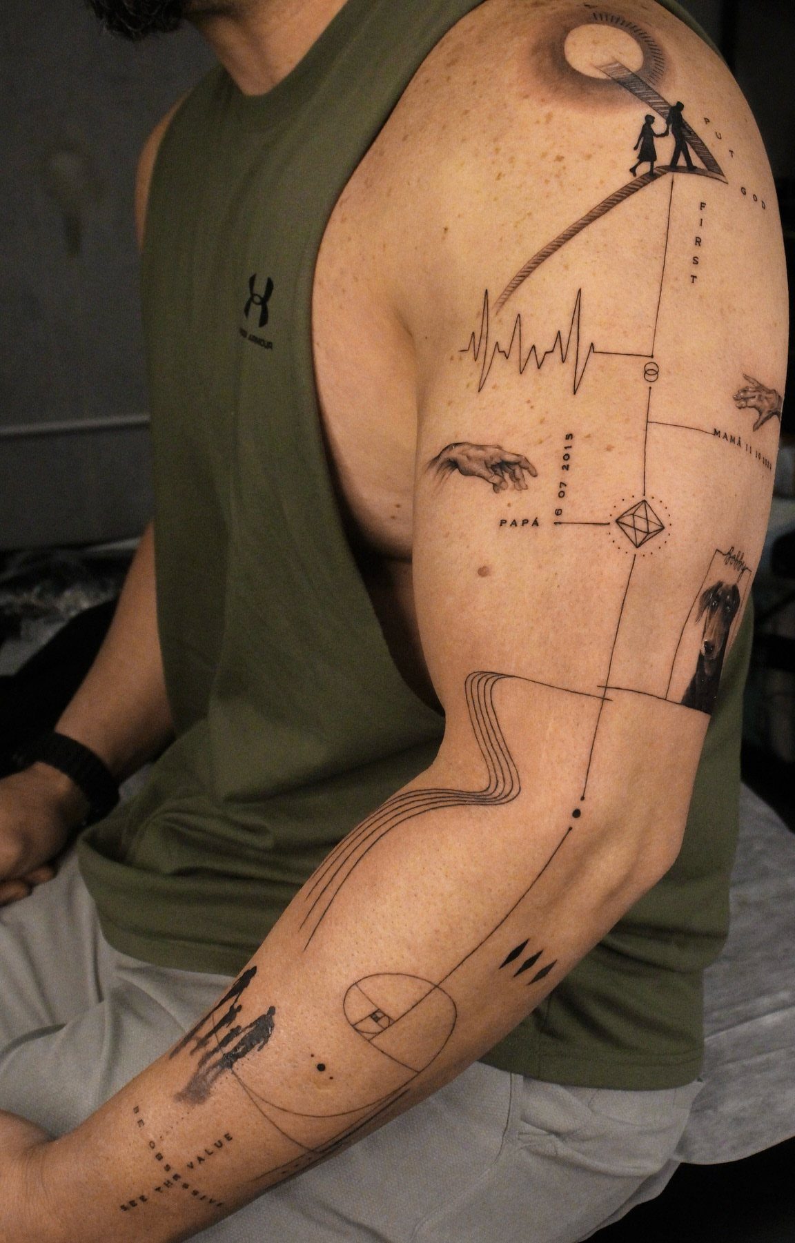 Black and grey minimalist tattoo on an arm with thin lines and small figures