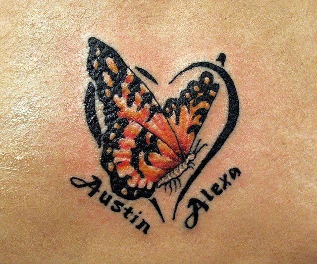 Butterfly wing tattoo forming a heart with the names Austin and Alexa below.