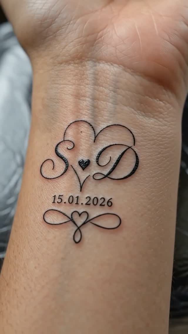 Wrist tattoo with cursive letters S and D, a date, and infinity symbol.