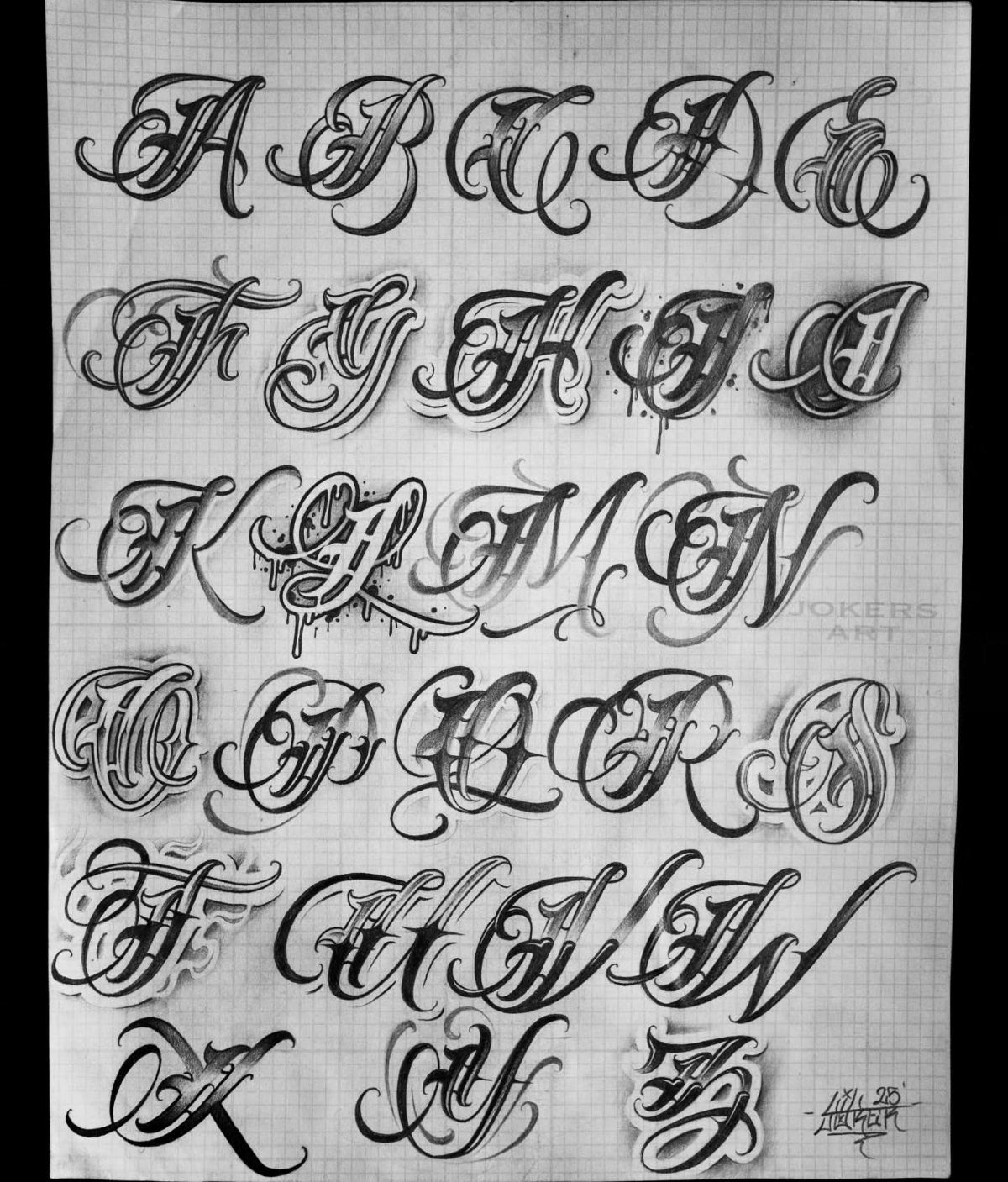 Ornate calligraphy alphabet hand-drawn in black ink on white grid paper.