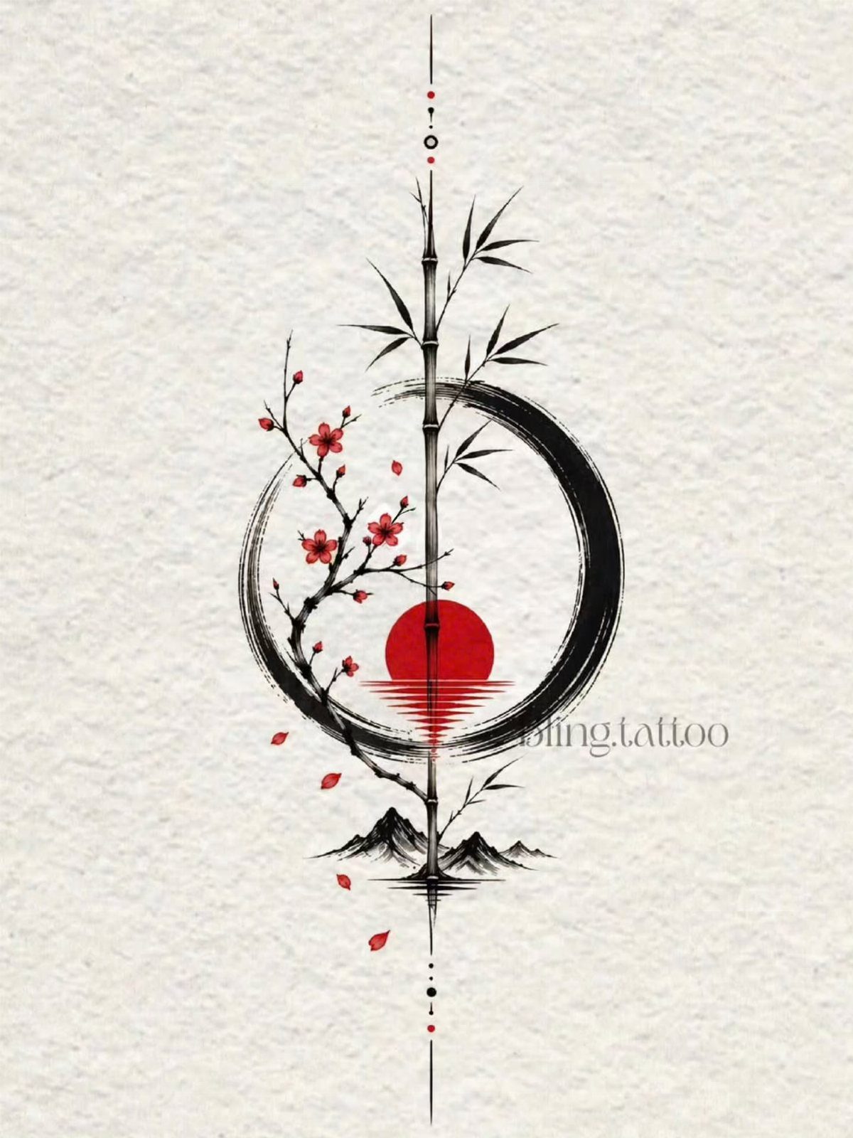 Cherry blossom branch and bamboo within a black circle with a red sun.