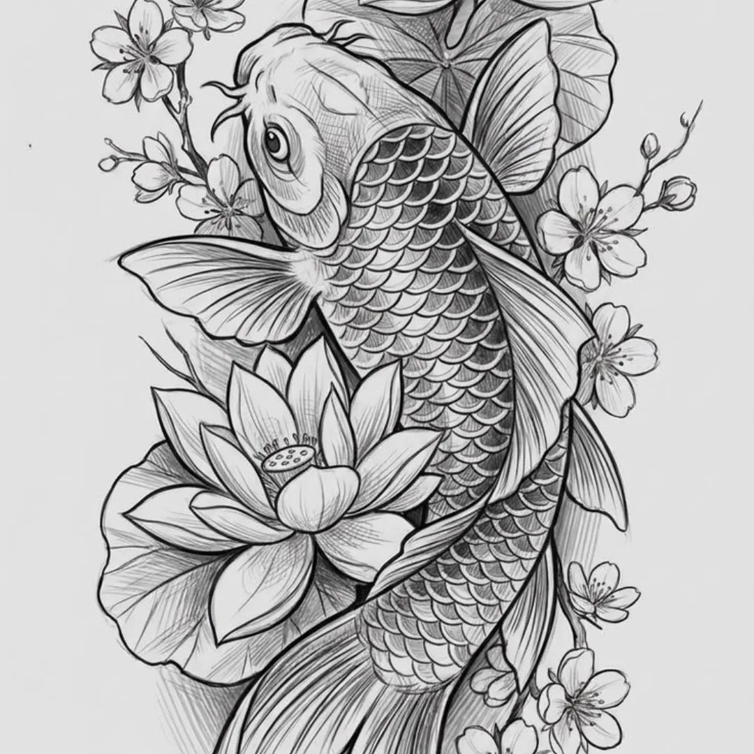 Koi fish swimming with cherry blossoms and a lotus flower in black ink.