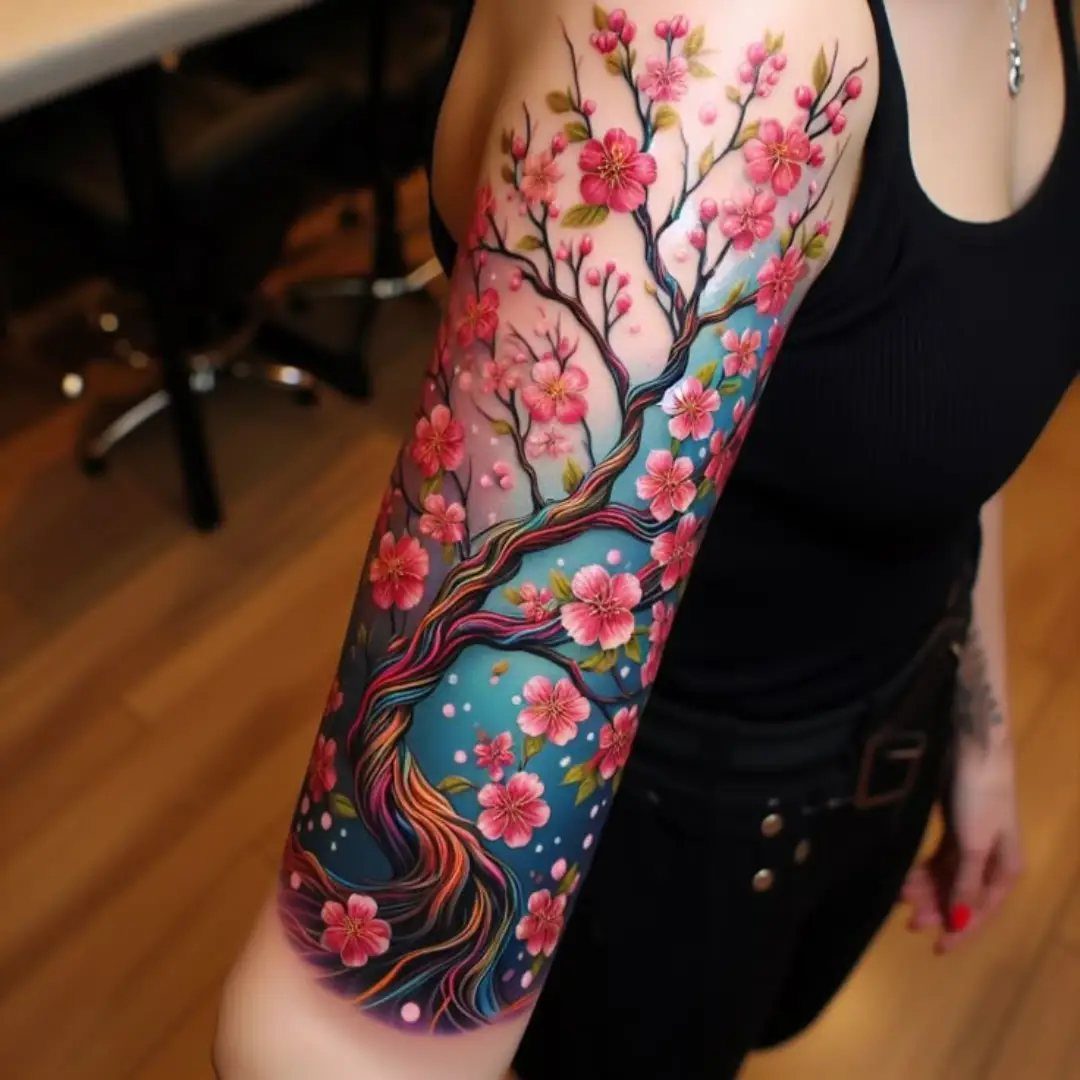 Cherry blossom tree tattoo on an arm with pink flowers and blue sky.
