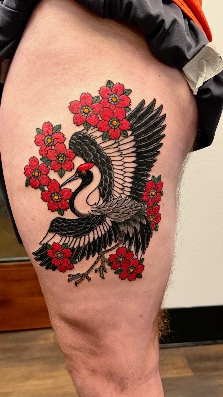 Traditional Japanese tattoo of a black crane surrounded by red cherry blossom flowers