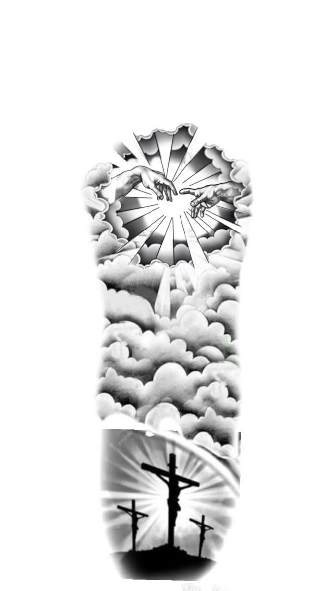 Tattoo design with hands reaching through light rays, clouds, and three crosses.