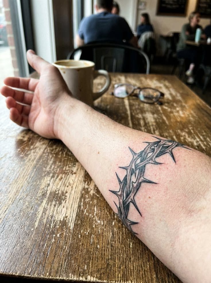 Forearm tattoo of a crown of thorns on a wooden table background
