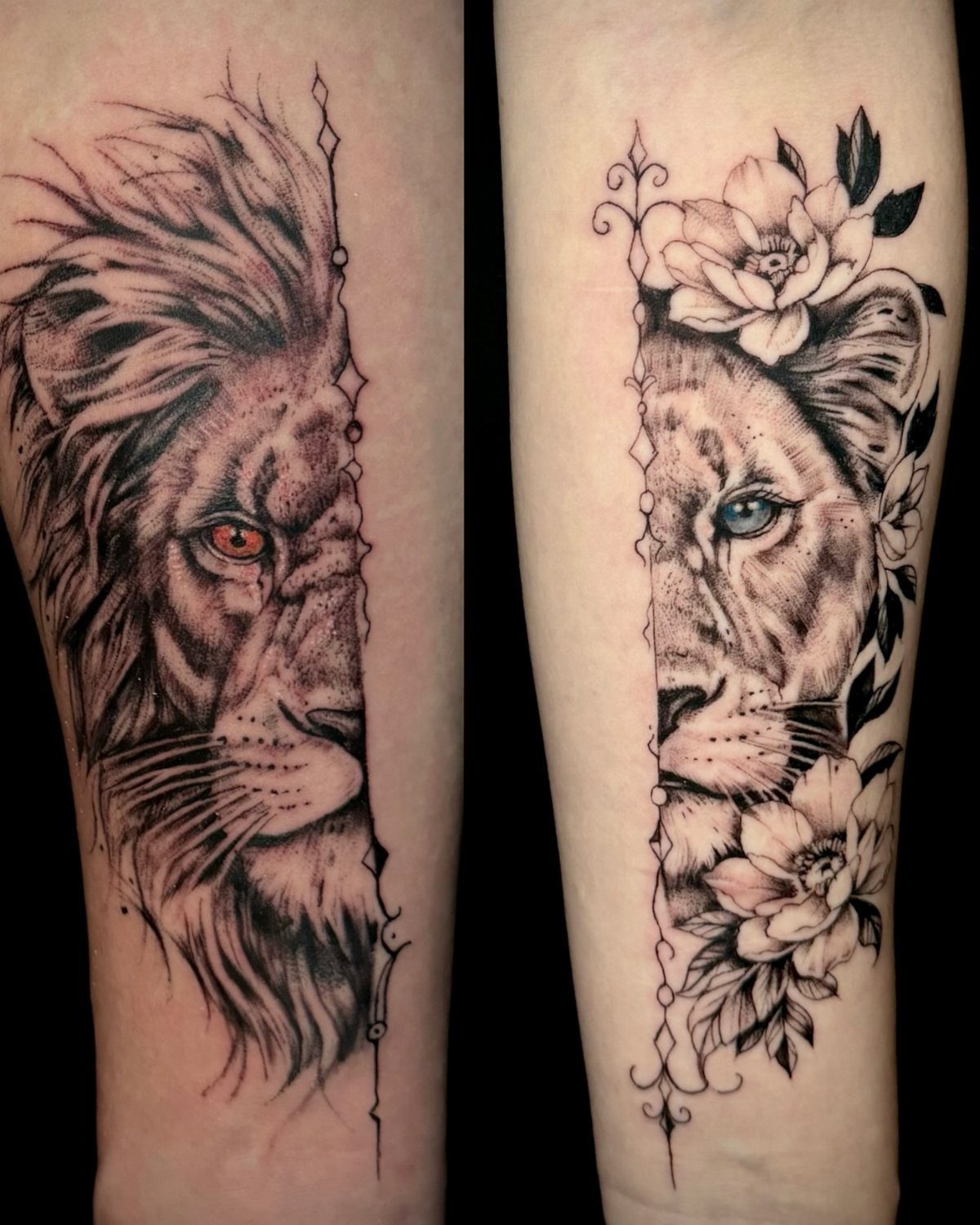 Matching lion and lioness tattoos on two forearms with floral accents and colored eyes.