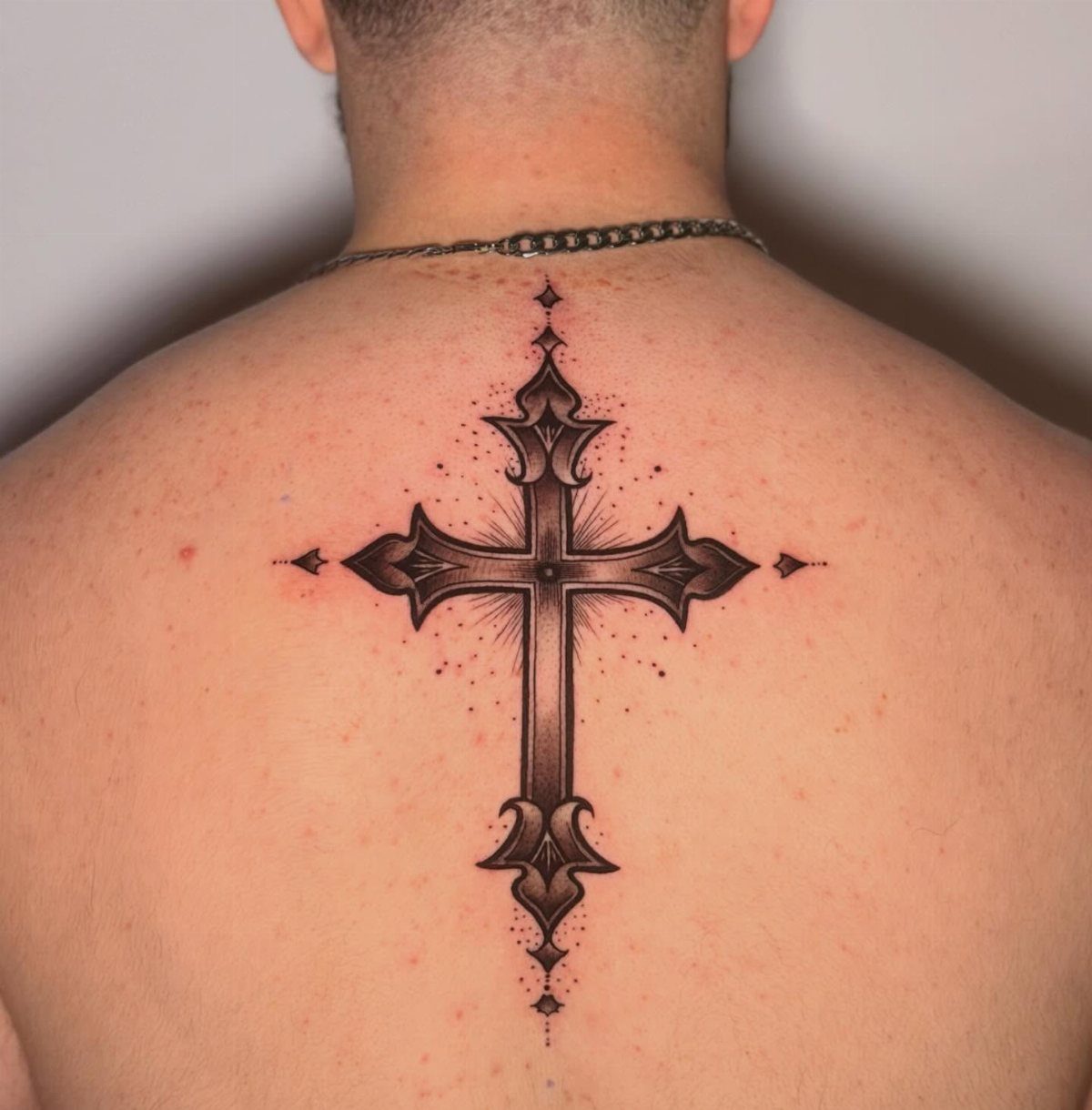 Ornate black ink cross tattoo centered on a man's upper back