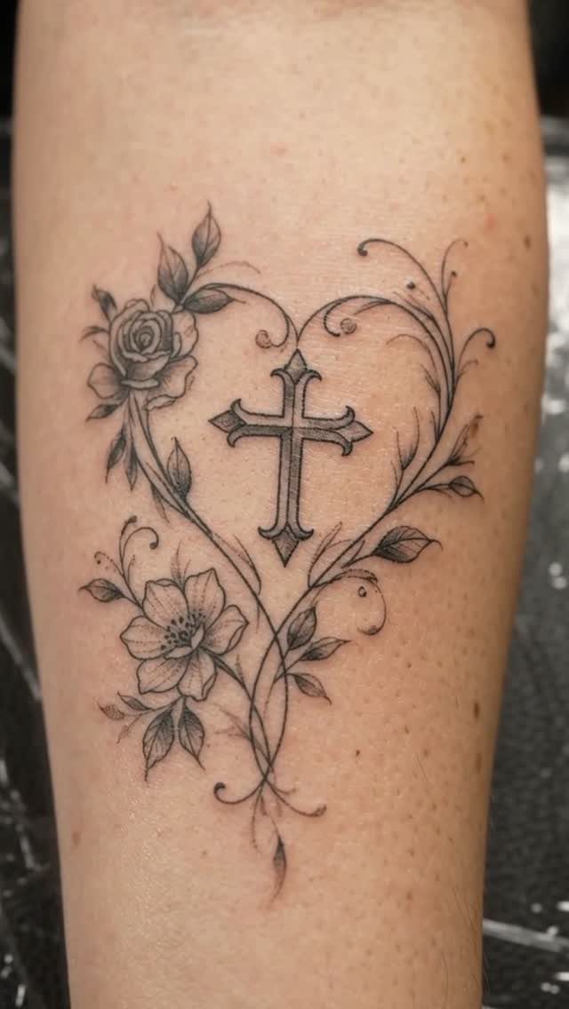Cross tattoo enclosed in a heart shape made of roses and vines
