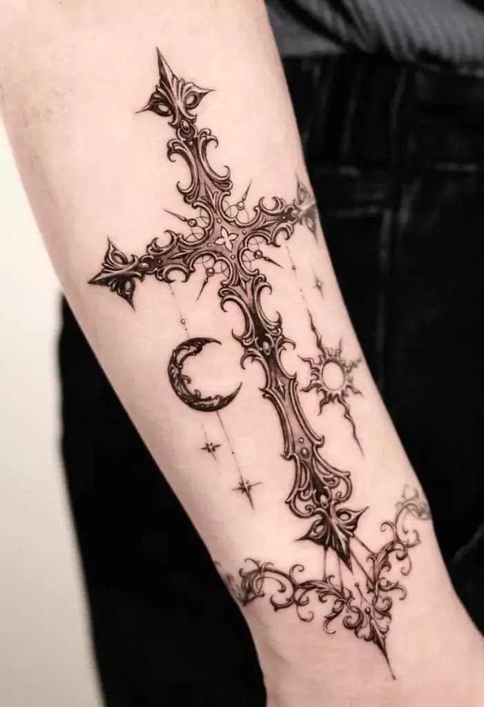 Ornate black ink cross tattoo with crescent moon, sun, and floral swirls on forearm