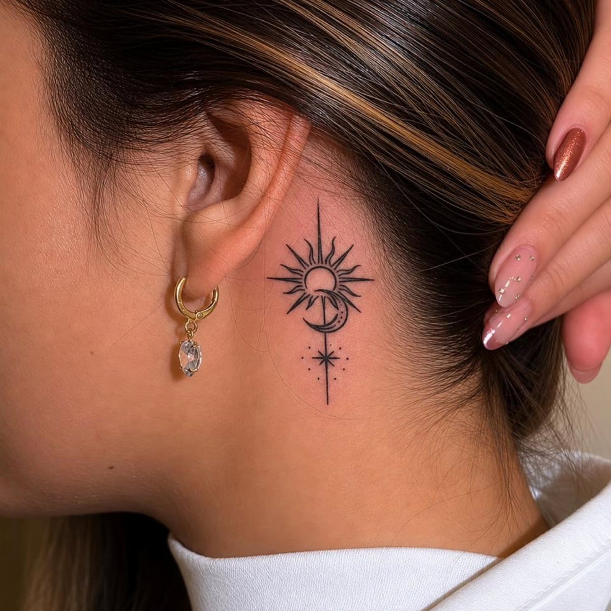 Black ink tattoo of a starburst cross with a crescent moon on a neck