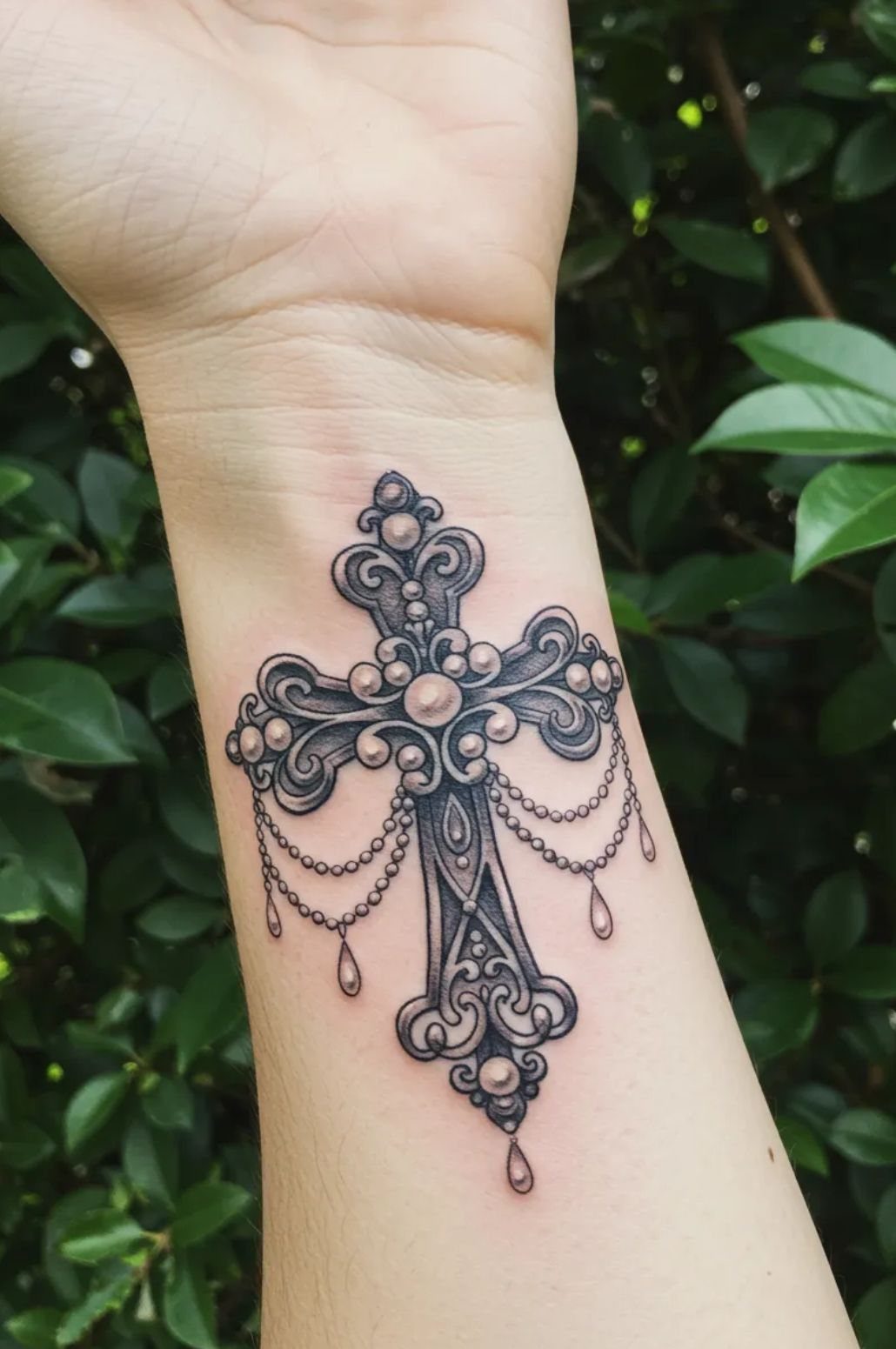 Ornate metallic cross tattoo with hanging chain drapery on a person's inner wrist