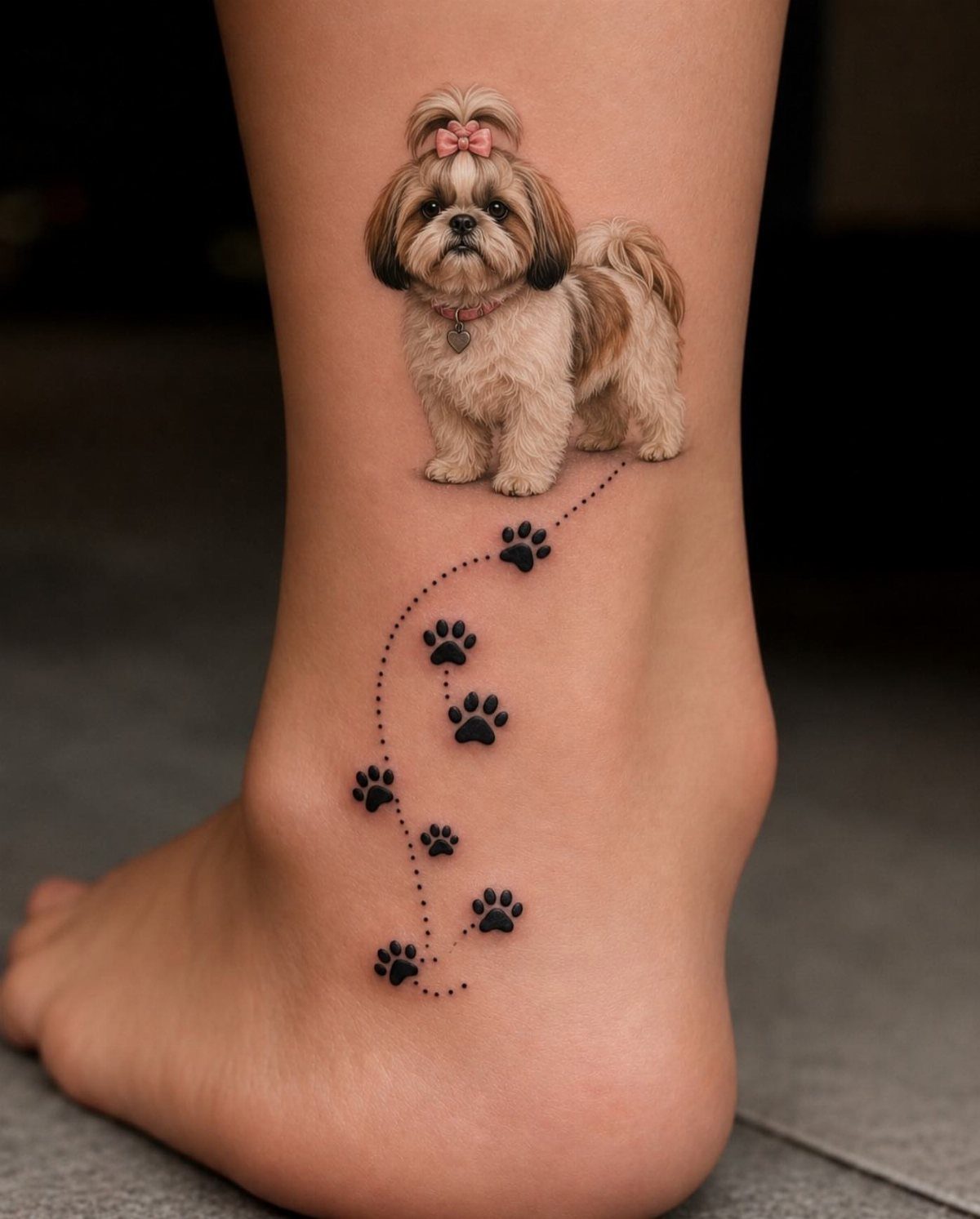 Realistic dog tattoo on an ankle with a trail of black paw prints.