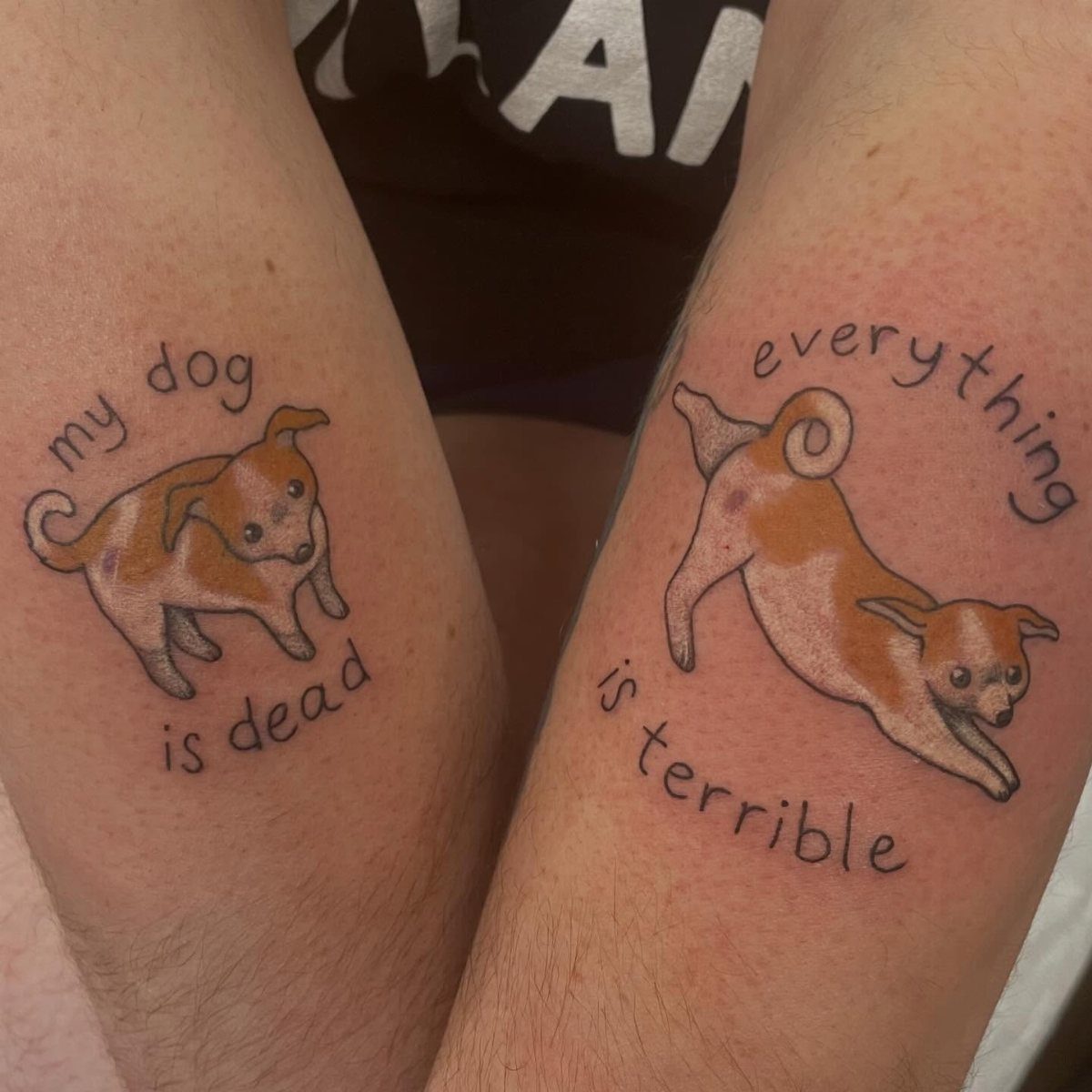 Tattoos of a small brown dog with text on two human arms