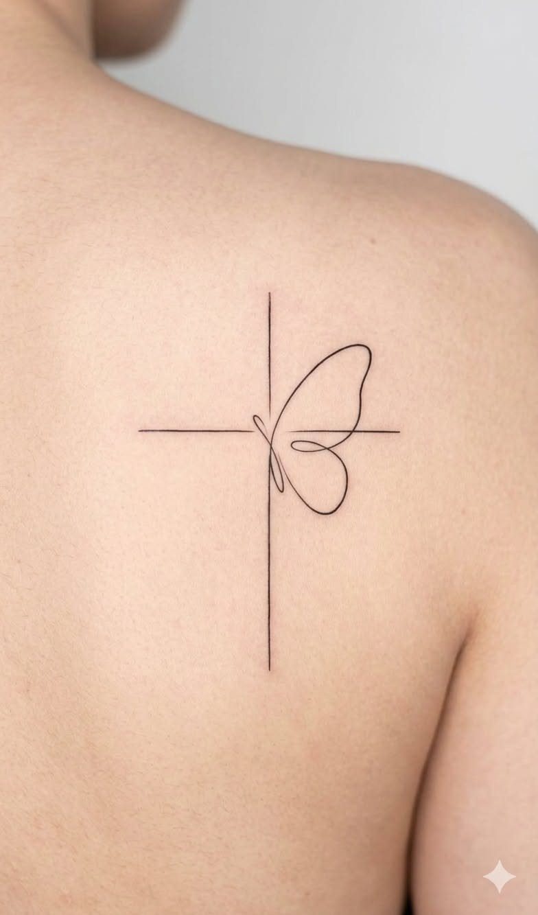 Thin-line cross tattoo with a butterfly integrated into the center on a back
