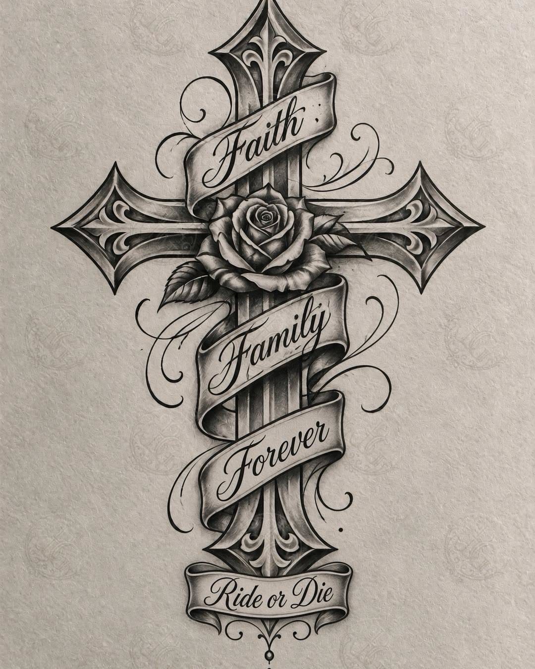 Ornate cross tattoo design with a central rose and ribbons containing faith text.