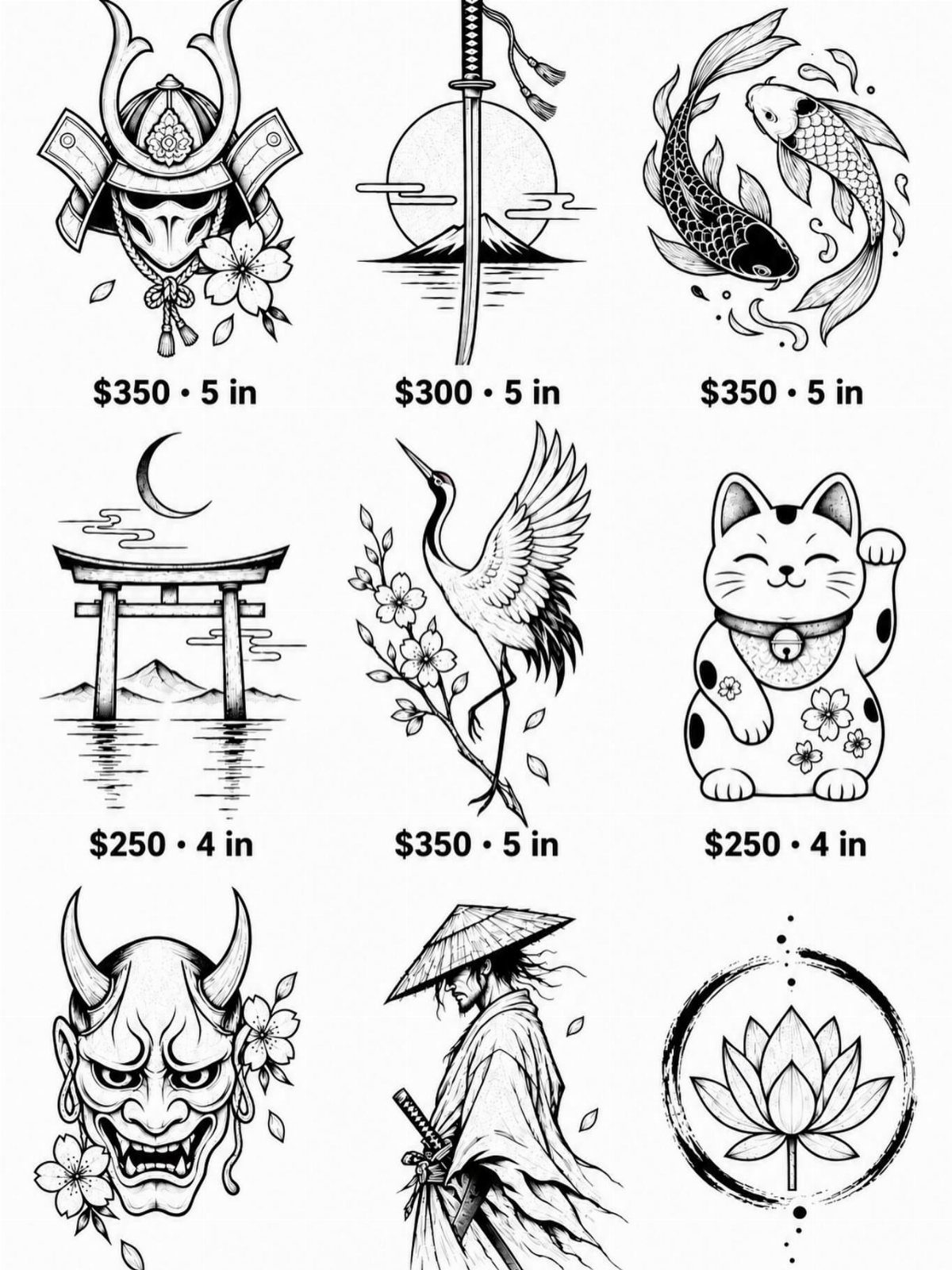 Japanese tattoo flash sheet with samurai, koi fish, and maneki-neko black ink drawings.