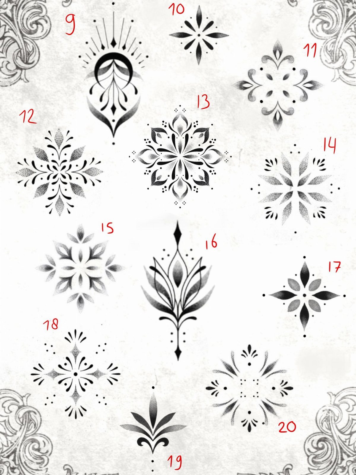 Symmetrical black and grey mandala tattoo designs arranged on a flash sheet.