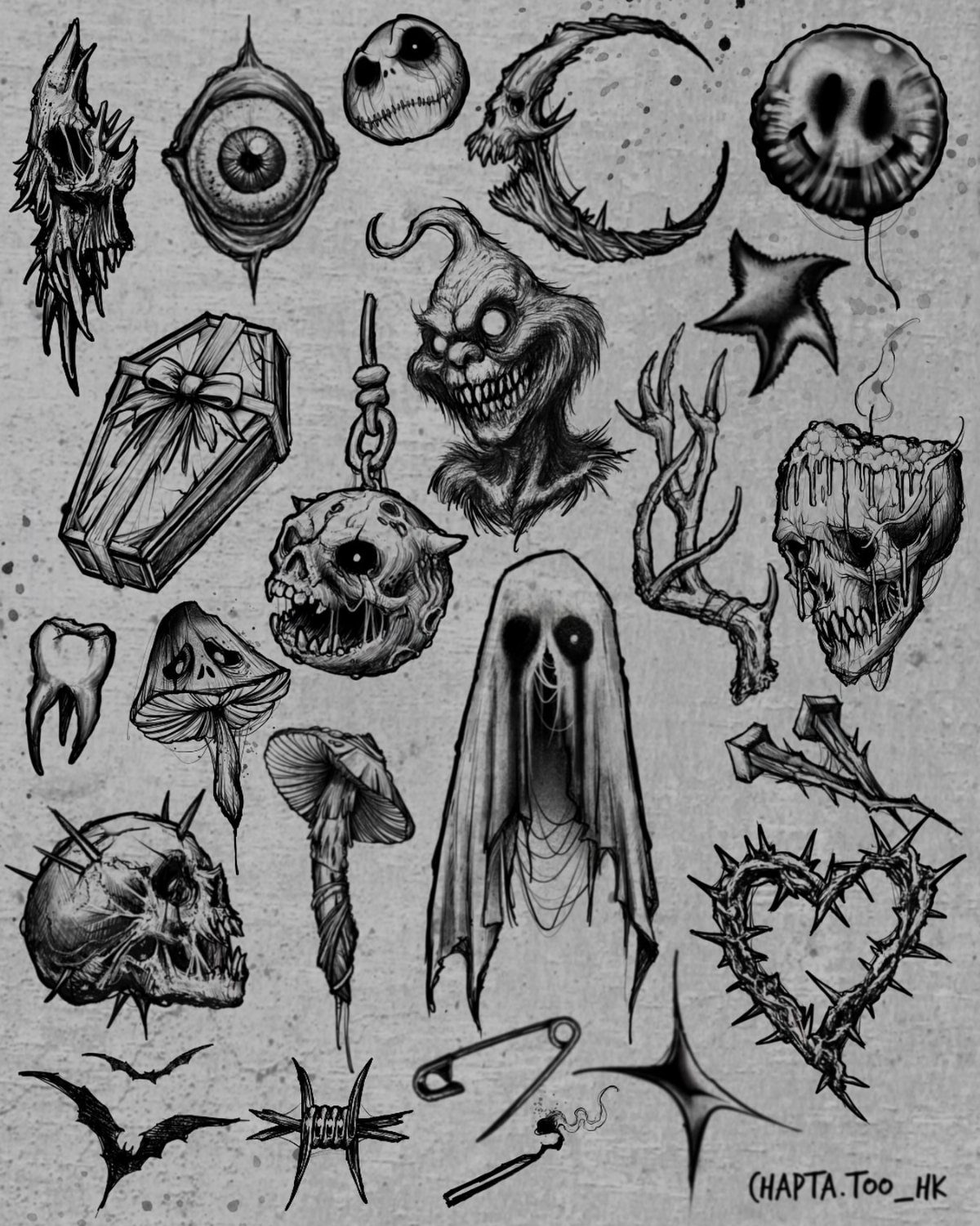 Macabre tattoo flash sheet with skulls, ghosts, and dark symbols in black ink.