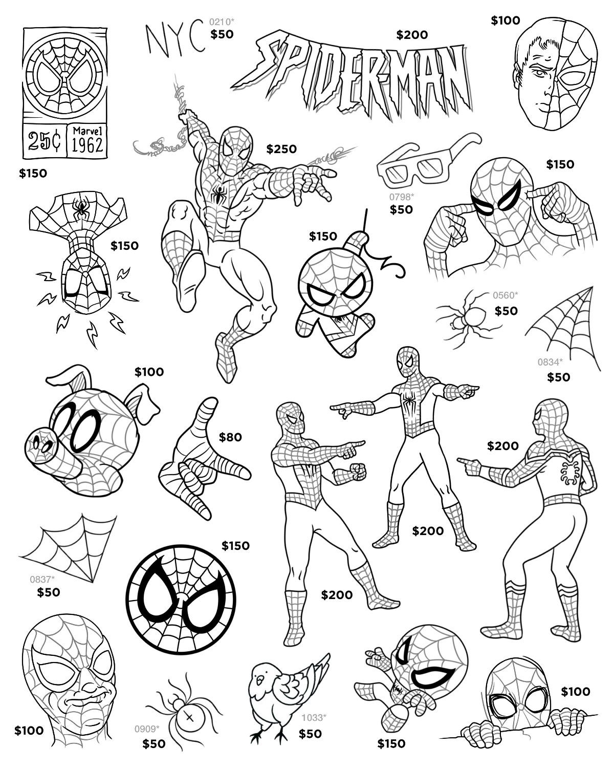 Spider-Man tattoo flash sheet with various character designs and prices in black ink.