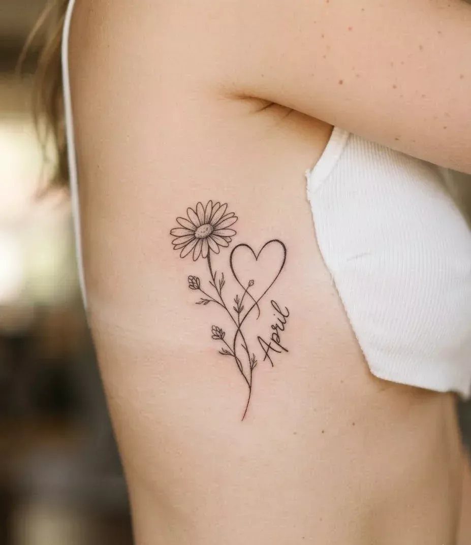 Fine-line tattoo of a daisy and heart with the name April on ribs