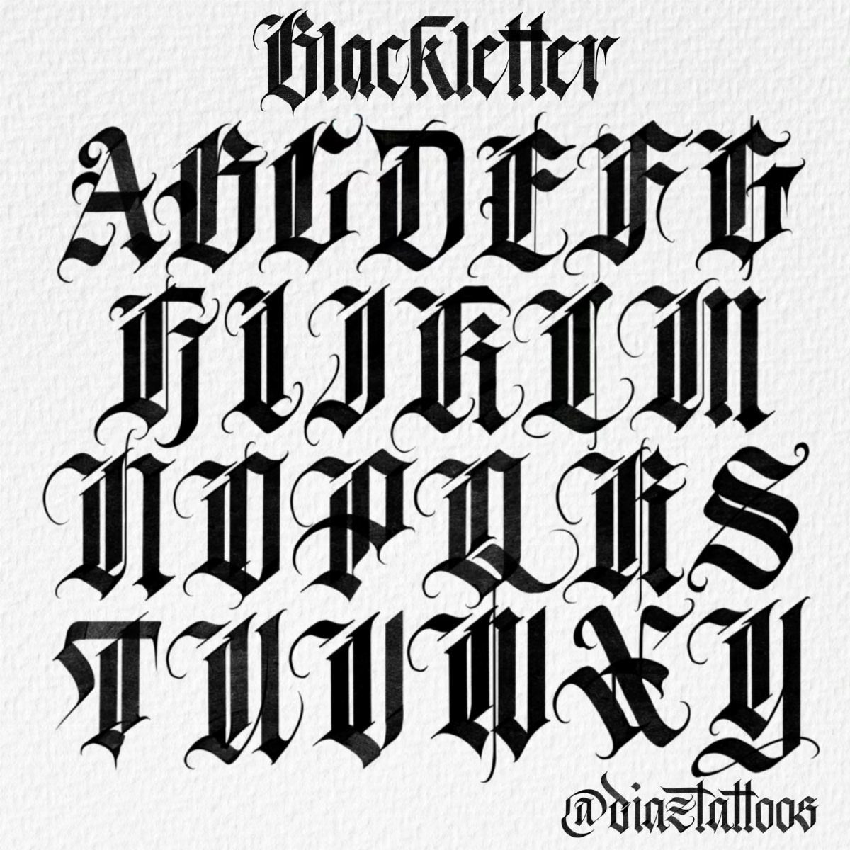 Gothic blackletter alphabet letters displayed in a grid on a white background