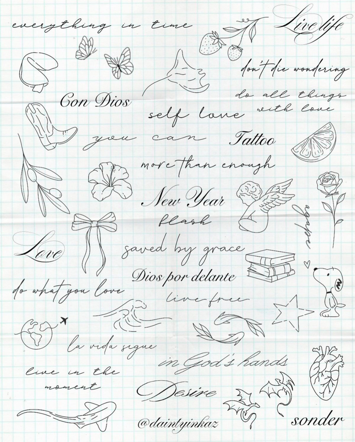 Handwritten script phrases and small ink illustrations on white grid paper.