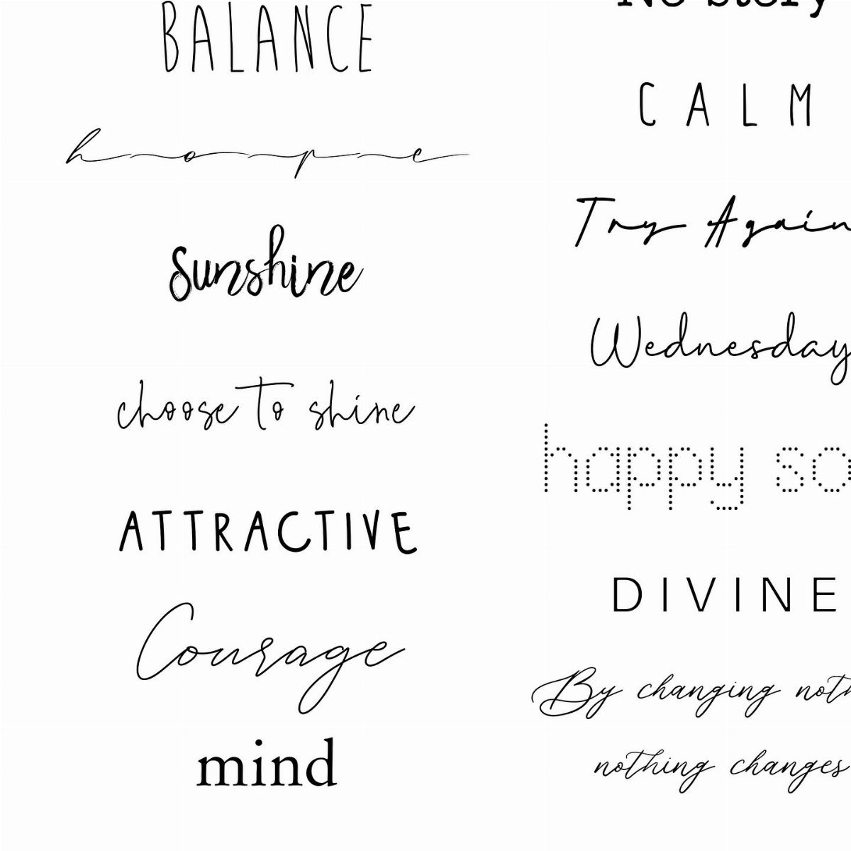 Various black script and sans-serif font examples on a white background