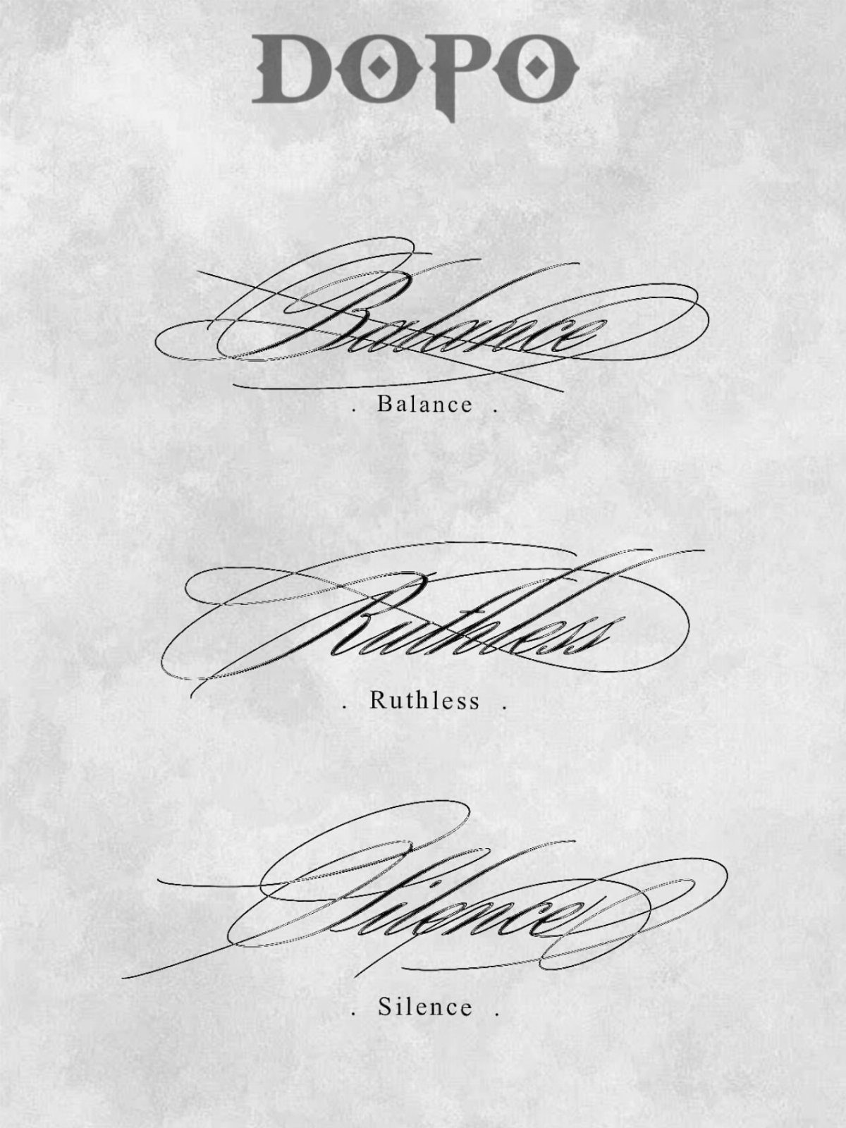 Ornate calligraphy tattoo designs of the words Balance, Ruthless, and Silence.
