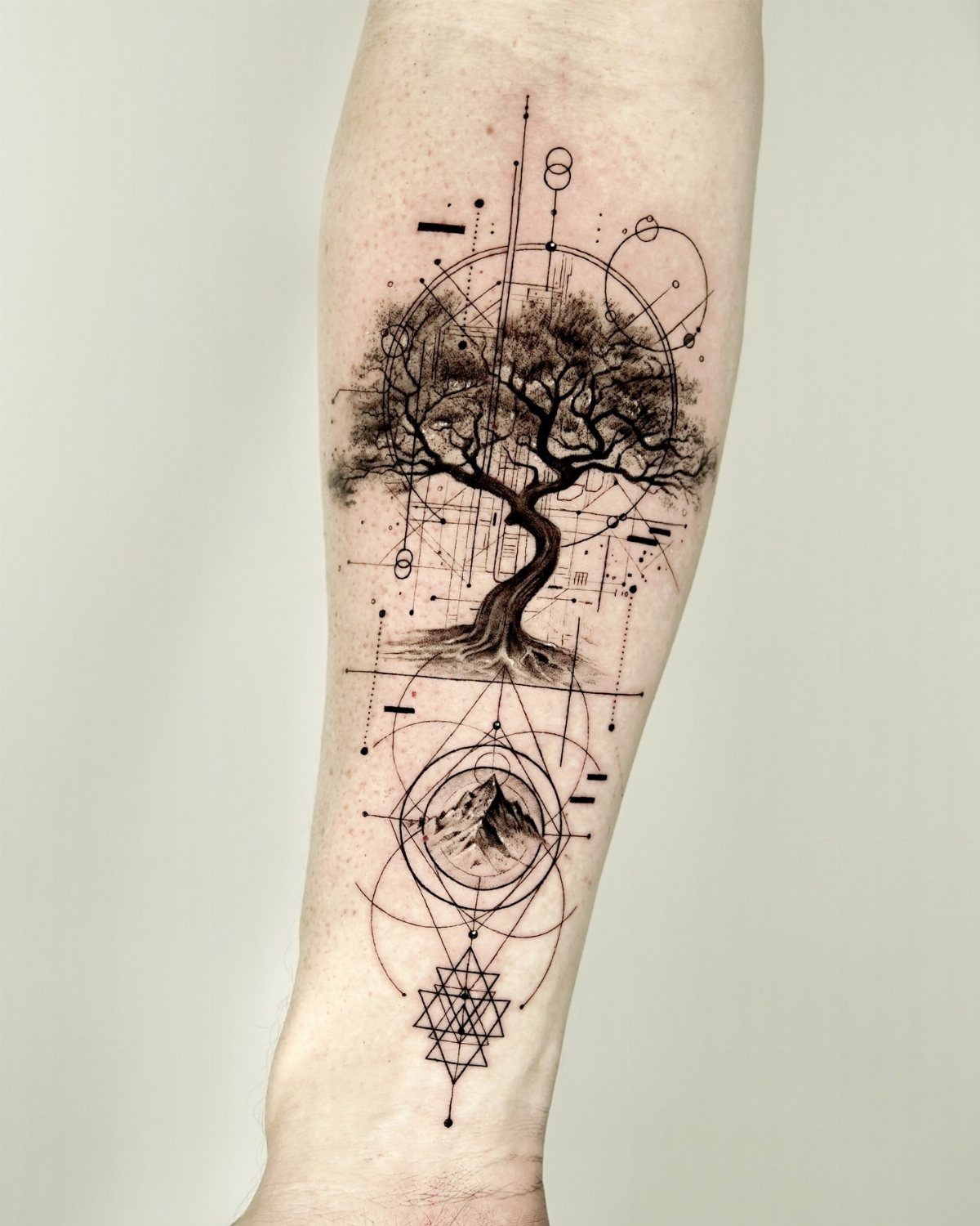 Geometric tree tattoo on a forearm with circles, lines, and a mountain peak.