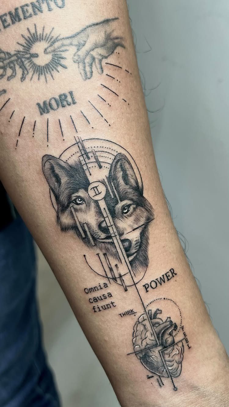 Geometric wolf head tattoo on a forearm with anatomical heart and text.