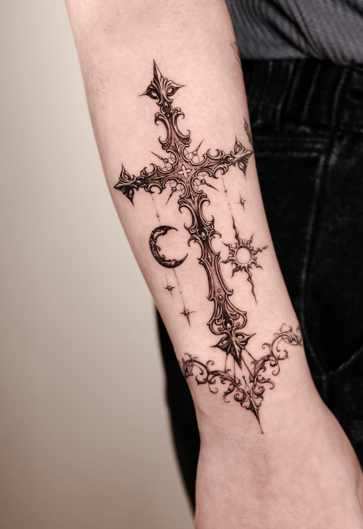 Gothic cross tattoo with pointed ends and celestial symbols on a forearm