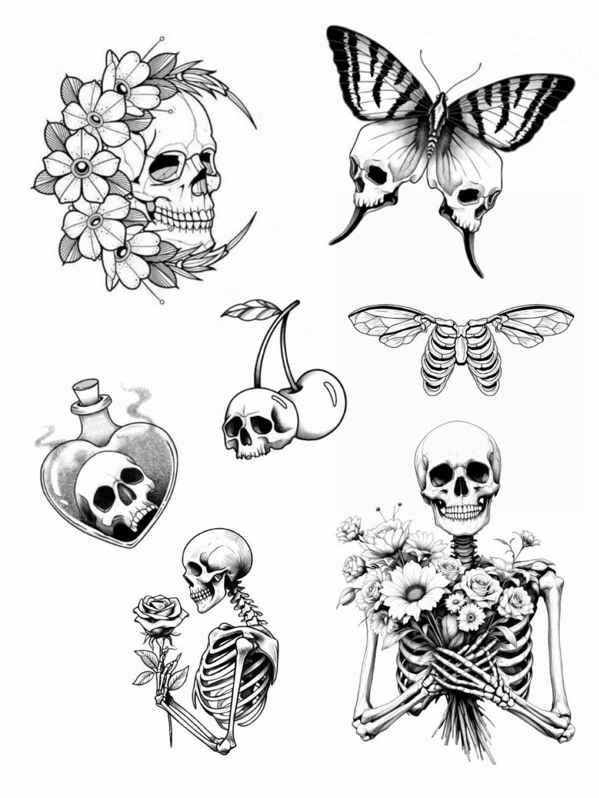 Black and white tattoo flash sheet featuring skulls, skeletons, and floral elements.