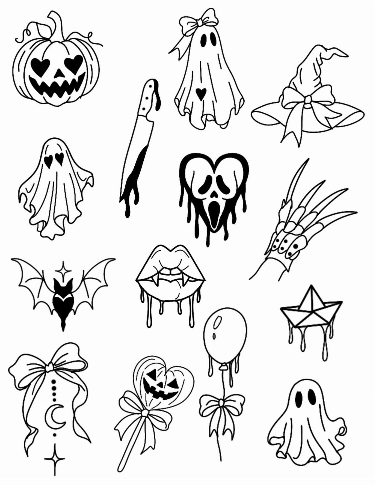 Halloween tattoo flash sheet with cute ghosts, pumpkins, and spooky symbols in black ink.