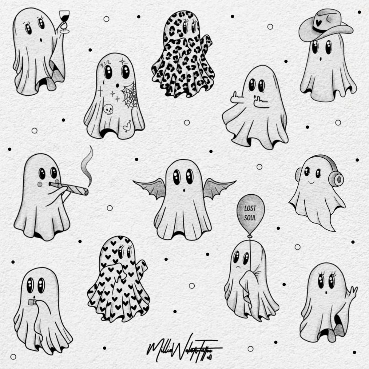 Various ghost tattoo flash designs with different accessories on a white background.