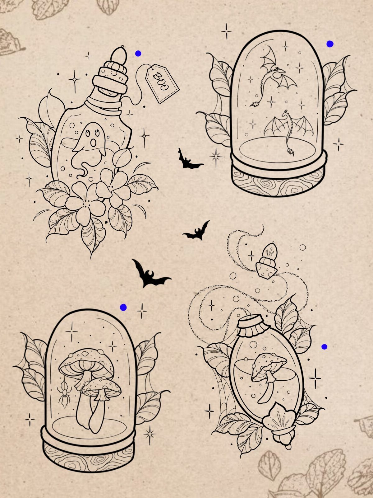 Halloween tattoo flash designs featuring ghosts, dragons, and mushrooms in glass containers.
