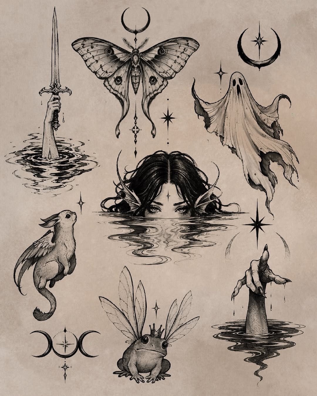 Collection of occult ink drawings including a ghost, moth, and mystical creatures.