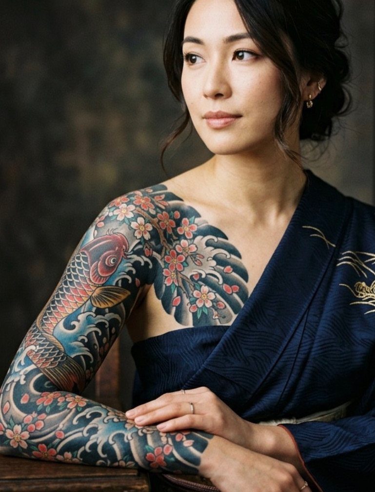 Woman in blue kimono with a colorful Japanese koi fish sleeve tattoo.