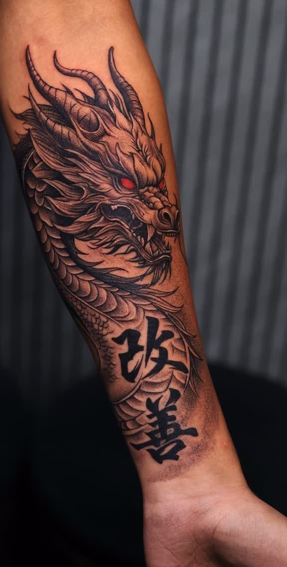 Japanese dragon tattoo on a forearm with red eyes and black kanji characters