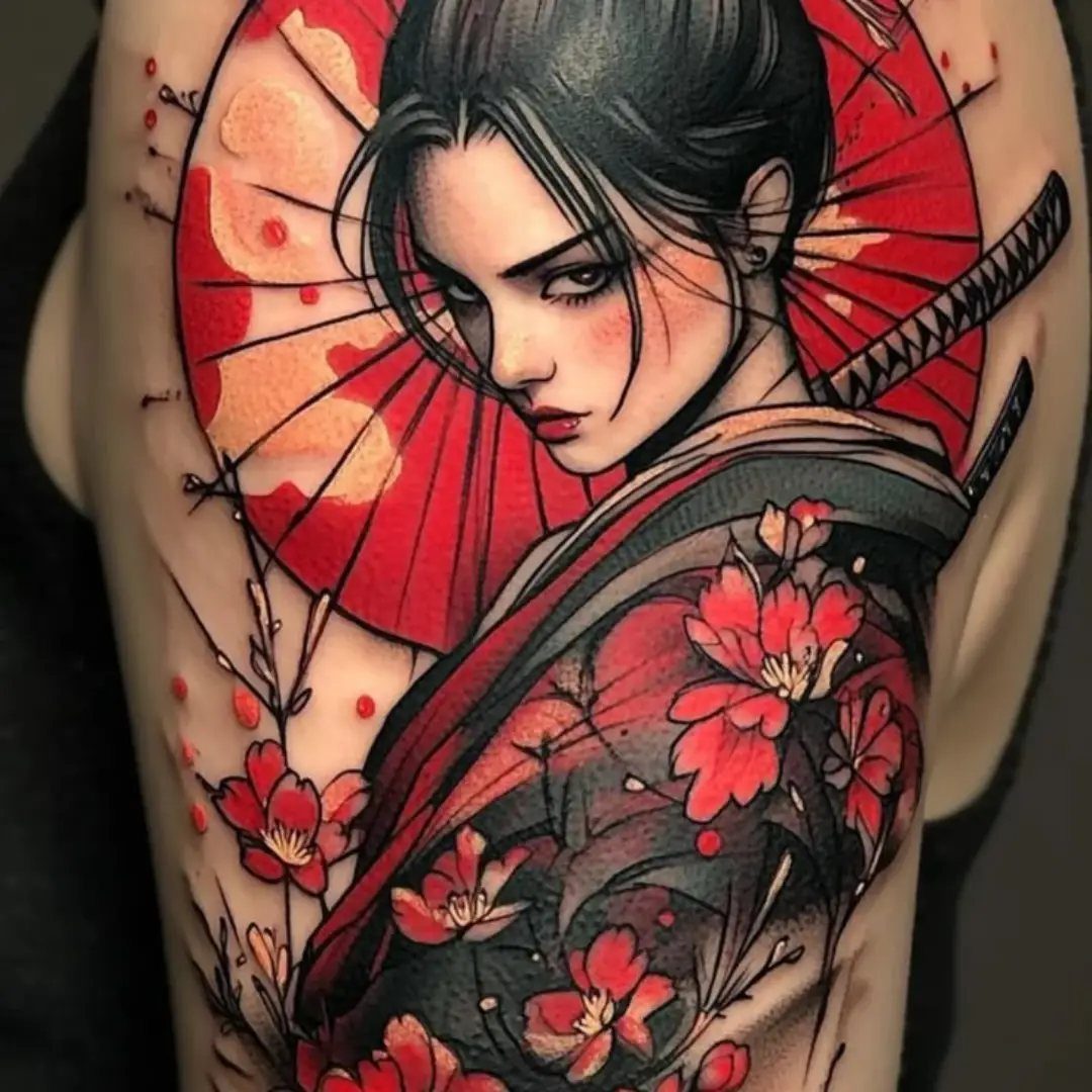 Tattoo of a woman in a kimono with red flowers and a red umbrella.