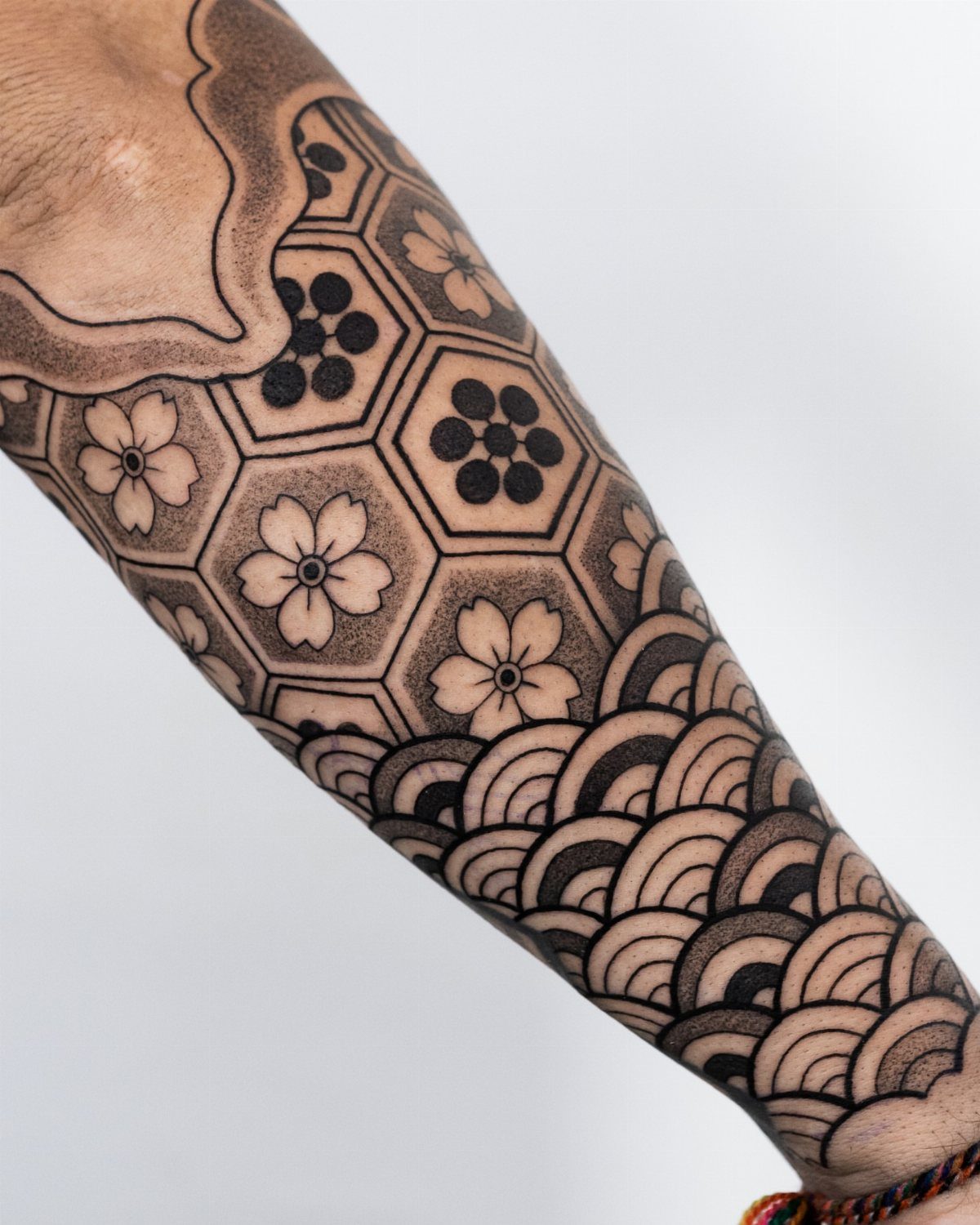 Japanese tattoo pattern on an arm featuring hexagons, flowers, and scale motifs.