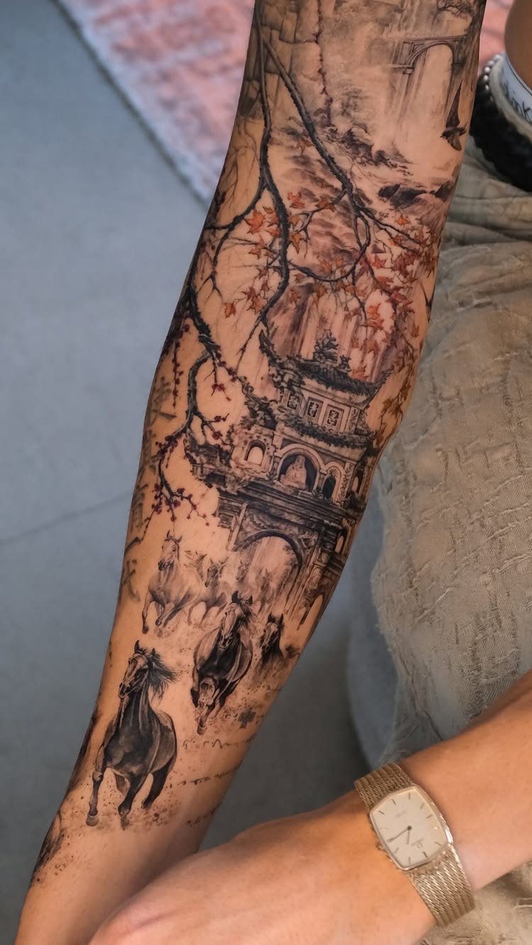 Detailed arm tattoo showing a traditional East Asian landscape with a pagoda and horses.