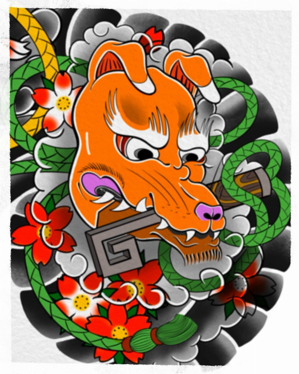 Orange dog head illustration with cherry blossoms and clouds in Japanese tattoo style