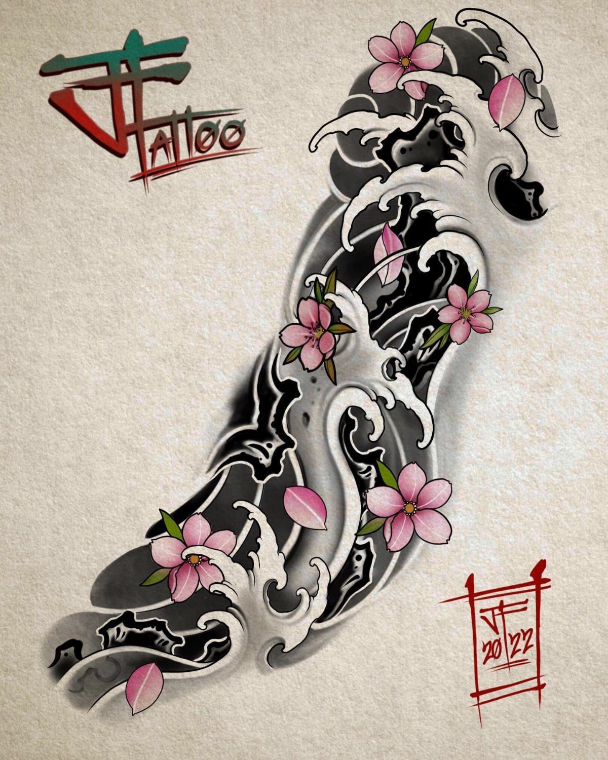 Japanese tattoo design with black waves and pink cherry blossoms on textured paper