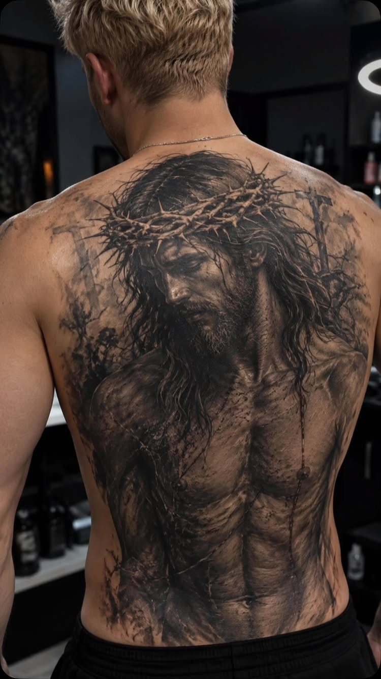 Detailed black and grey tattoo of Jesus with a crown of thorns on a back