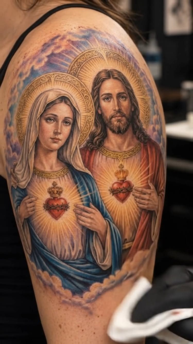 Jesus and Virgin Mary tattoo with glowing flaming hearts on an upper arm