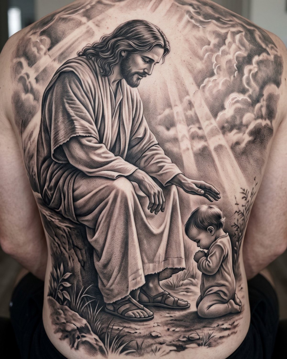 Detailed black and grey back tattoo of Jesus sitting with a kneeling child.